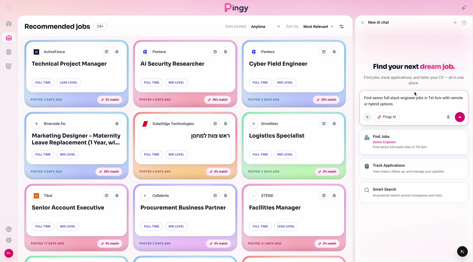 Pingy - סוכן AI לניהול קריירה: חיפוש עבודה, התאמת קורות חיים והגשה אוטומטית